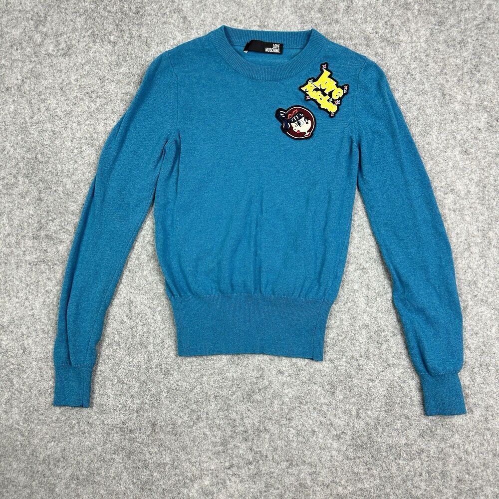 Love Moschino Sweater Womens 2 Blue Patches Long Sleeve Preppy Academia Jumper*